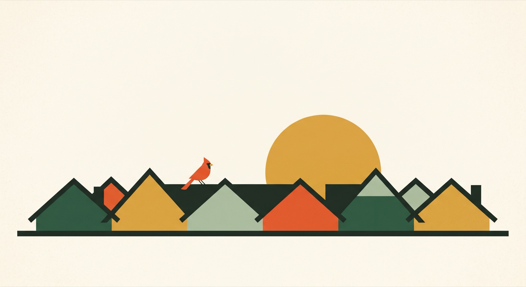 A row of neighborhood rooflines at sunset, a cardinal keeping watch from a ridge