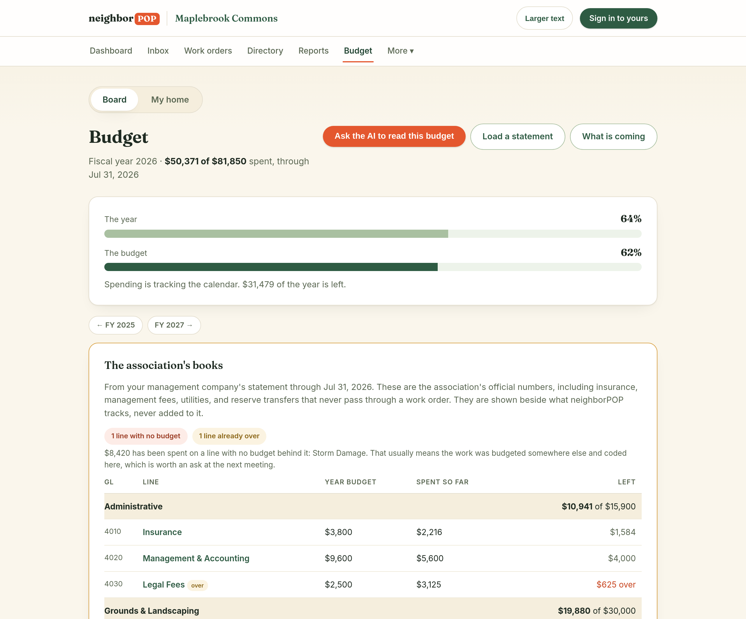 The budget page: planned versus spent by category with an AI reading