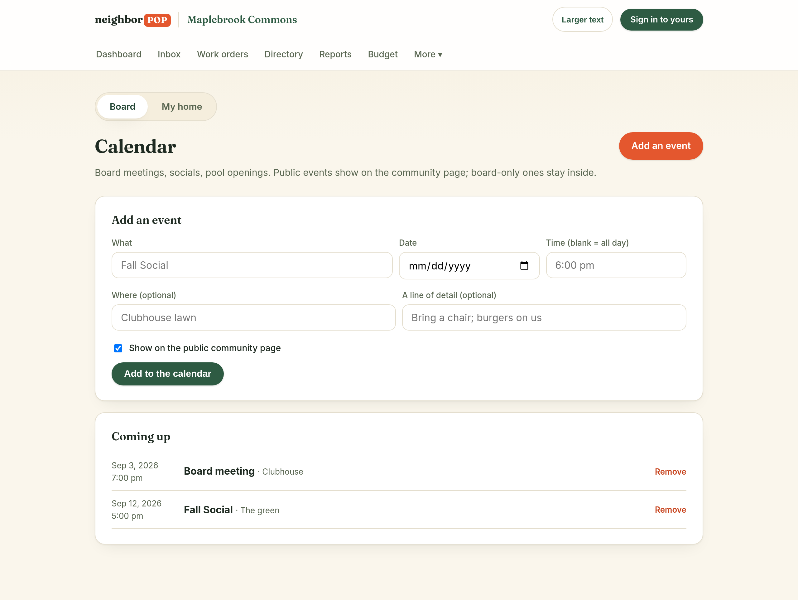 A community's public homepage: about text, join the email list, report an issue, reserve an amenity, upcoming events