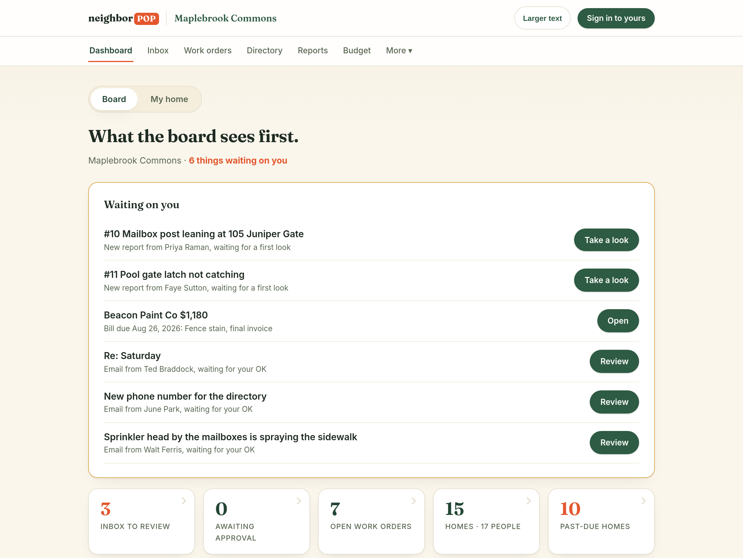 The Maplebrook Commons dashboard: a Waiting-on-you list with one-tap actions, counts for inbox, approvals, and open work orders