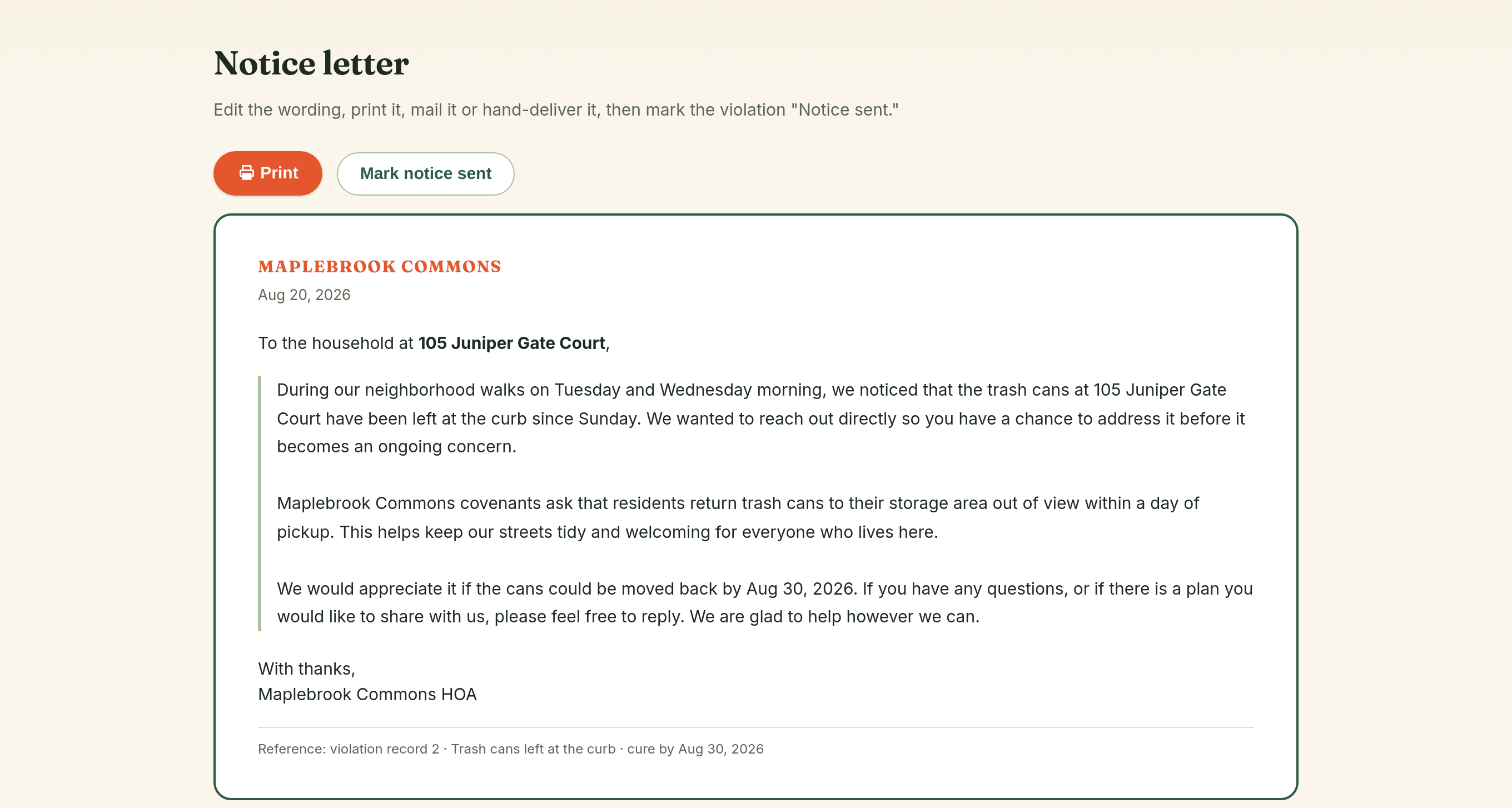 A printable violation notice letter on community letterhead with a courteous AI-drafted body