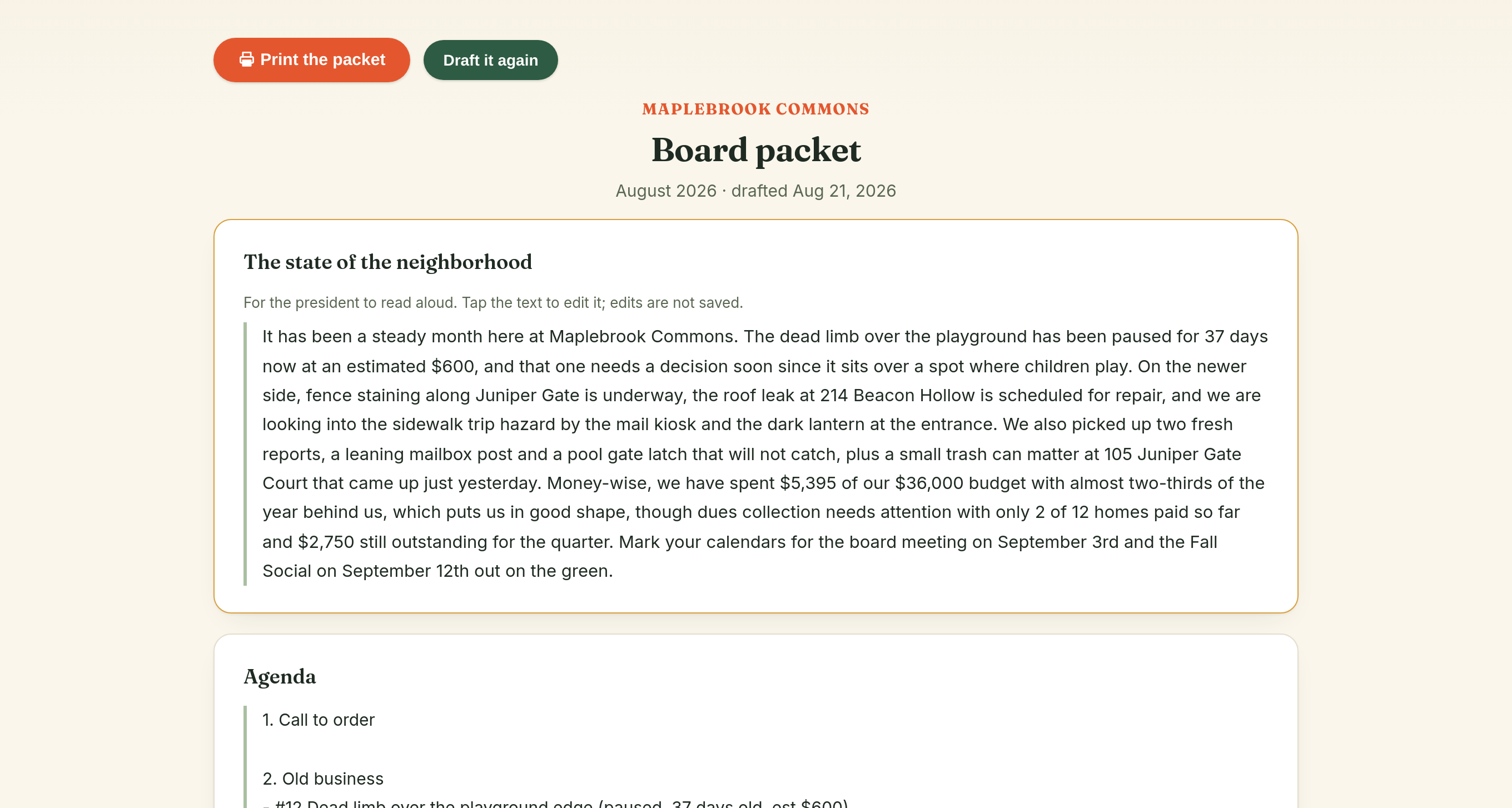 The AI board packet: a drafted state-of-the-neighborhood paragraph and agenda above live tables